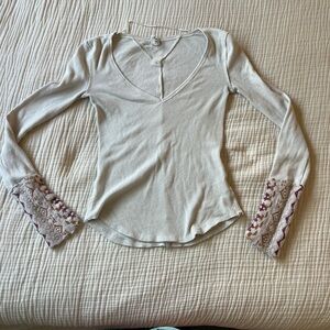 Free People Cream Waffle V-Neck Long Sleeve Top with Embroidered Bell Cuffs